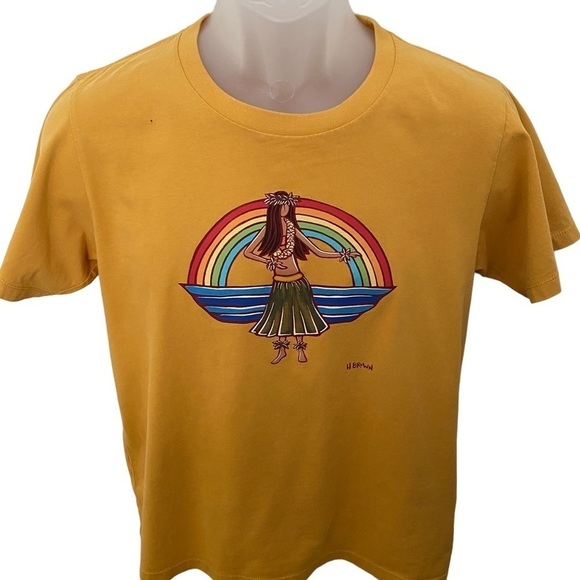 H Heather Brown Hula Girl Rainbow Mustard Tee Shirt Women S Small - Picture 1 of 8